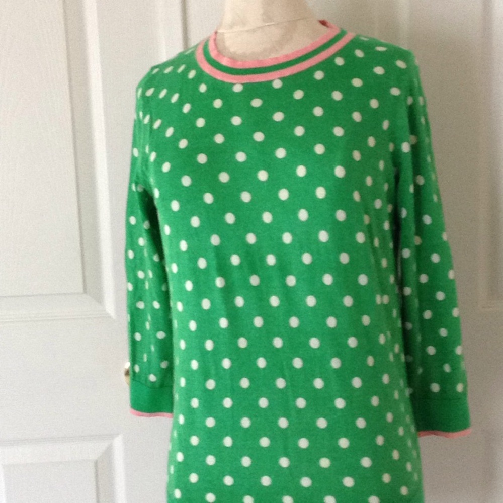 J. Crew Green Polka dot Sweater Pink Trim Sz:M